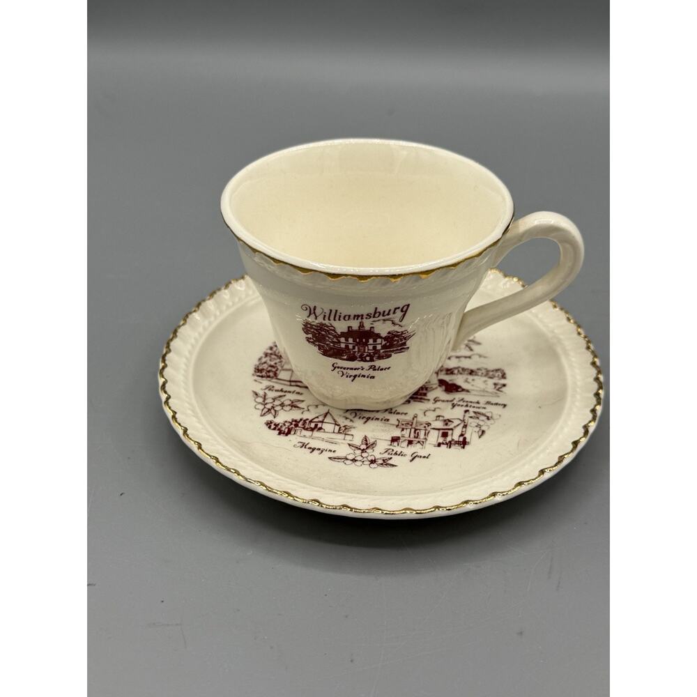 Vintage Williamsburg VA Teacup Saucer Set Red Transferware Gold Trim